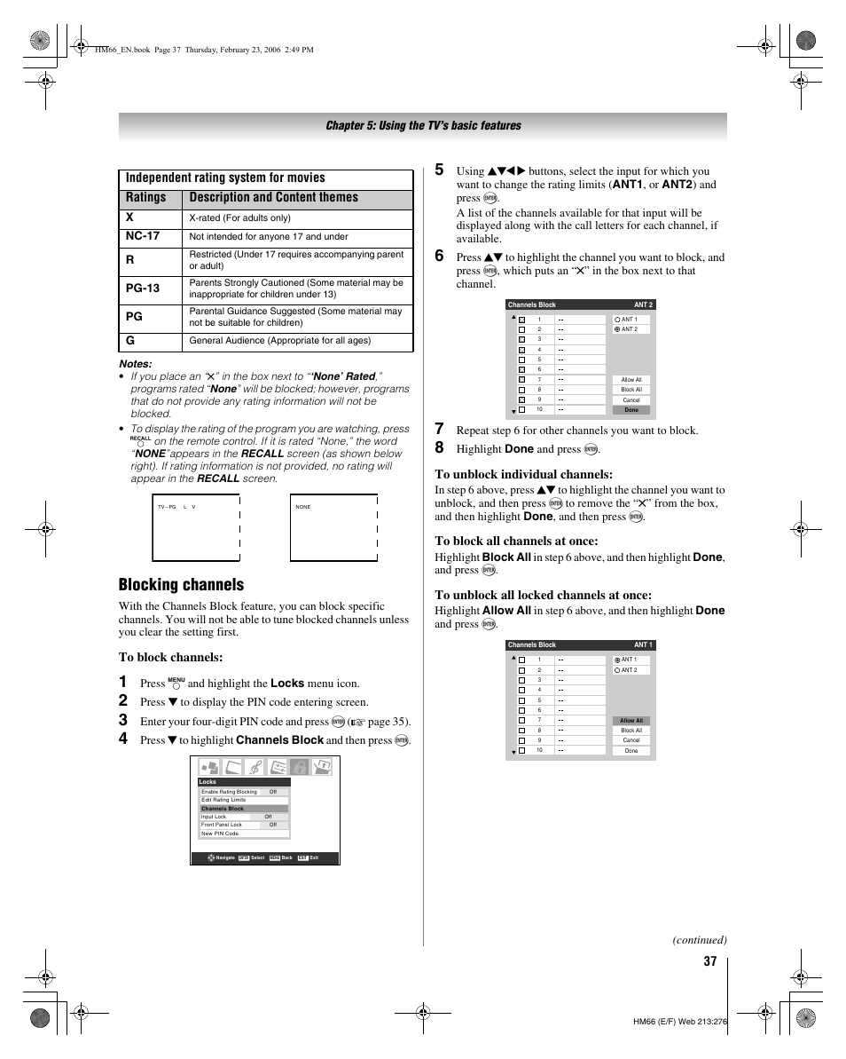 Blocking channels, Chapter 5: using the tv’s basic features, Press y and highlight the locks menu icon | Press b to display the pin code entering screen, Repeat step 6 for other channels you want to block, Highlight done and press t, Nc-17, Pg-13, Continued) | Toshiba 50HM66 User Manual | Page 37 / 56