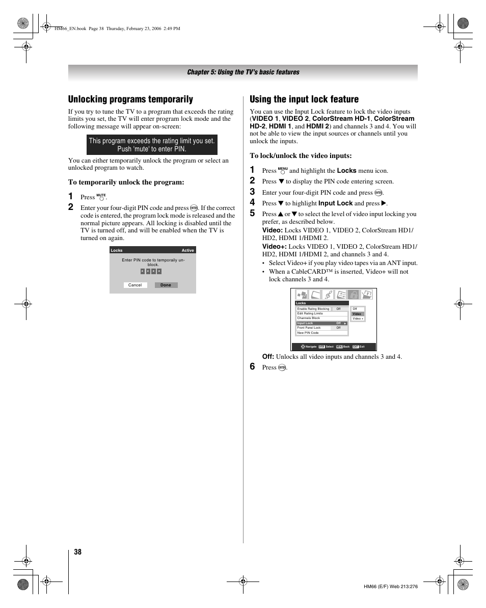 Unlocking programs temporarily, Using the input lock feature | Toshiba 50HM66 User Manual | Page 38 / 56