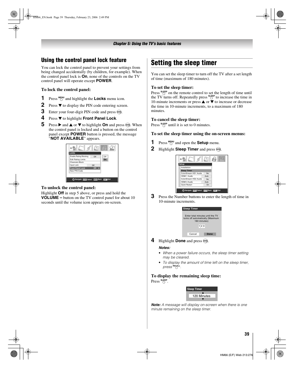 Setting the sleep timer, Using the control panel lock feature, Chapter 5: using the tv’s basic features | Press y and highlight the locks menu icon, Press b to display the pin code entering screen, Enter your four-digit pin code and press t, Press b to highlight front panel lock, Press [ until it is set to 0 minutes, Press y and open the setup menu, Highlight sleep timer and press t | Toshiba 50HM66 User Manual | Page 39 / 56