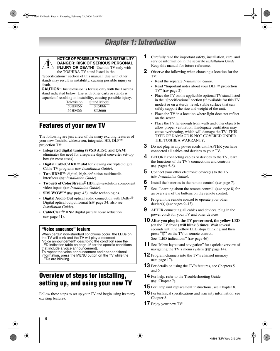 Chapter 1: introduction, Features of your new tv | Toshiba 50HM66 User Manual | Page 4 / 56