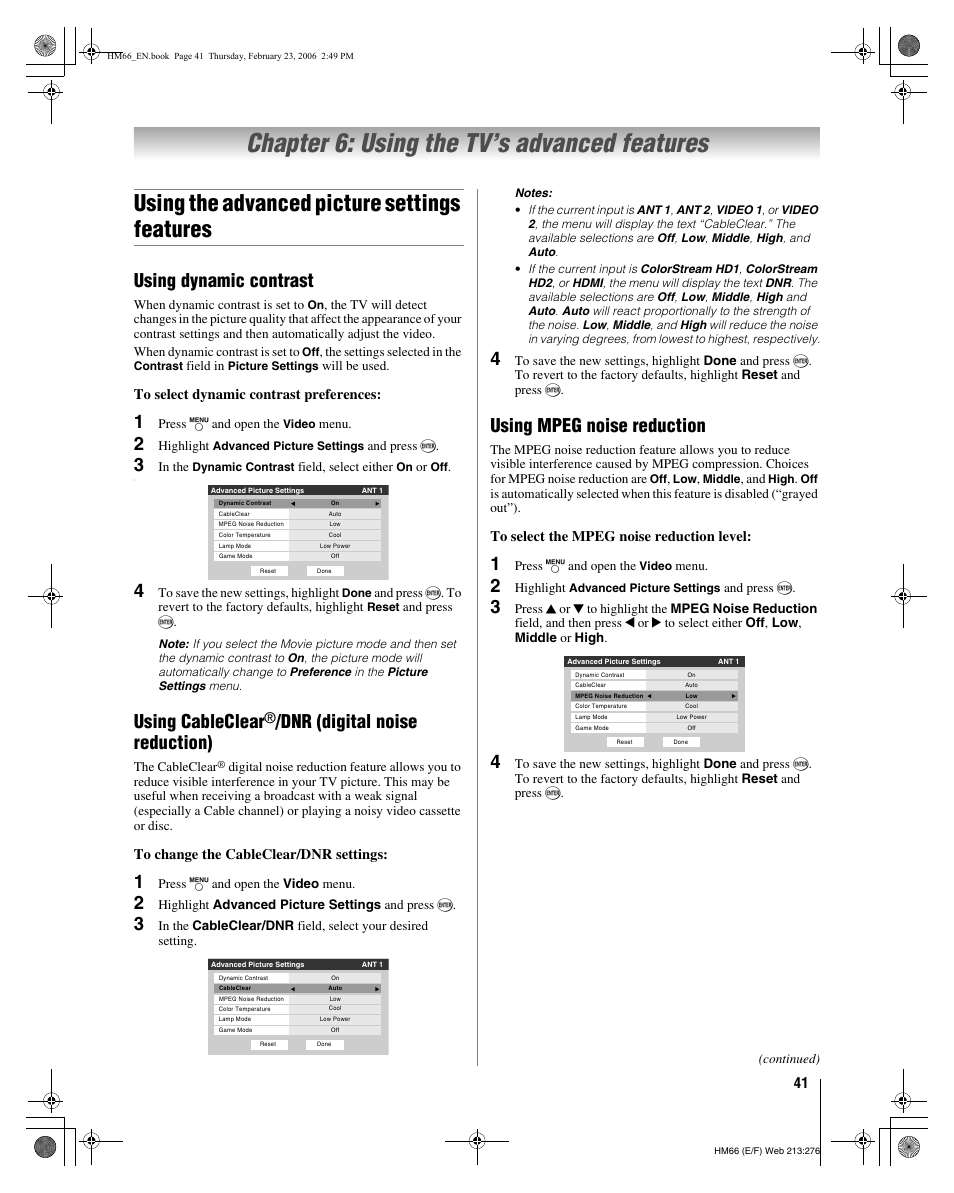 Chapter 6: using the tv’s advanced features, Using the advanced picture settings features, Using dynamic contrast | Using cableclear, Dnr (digital noise reduction), Using mpeg noise reduction | Toshiba 50HM66 User Manual | Page 41 / 56