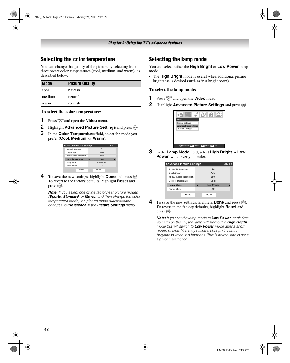 Selecting the color temperature, Selecting the lamp mode, Mode picture quality | Toshiba 50HM66 User Manual | Page 42 / 56