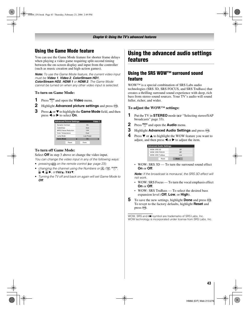 Using the advanced audio settings features, Using the game mode feature, Using the srs wow™ surround sound feature | Toshiba 50HM66 User Manual | Page 43 / 56