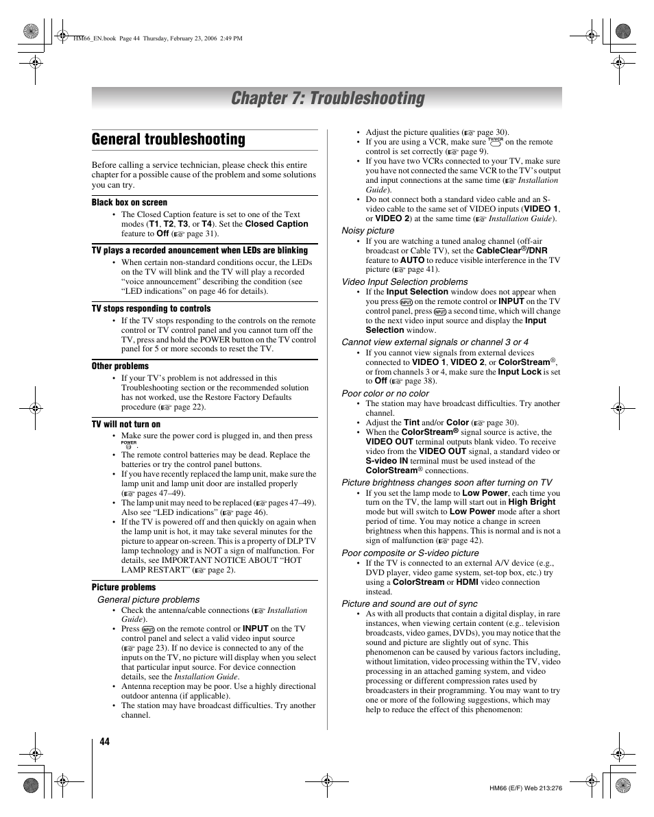 Chapter 7: troubleshooting, General troubleshooting | Toshiba 50HM66 User Manual | Page 44 / 56