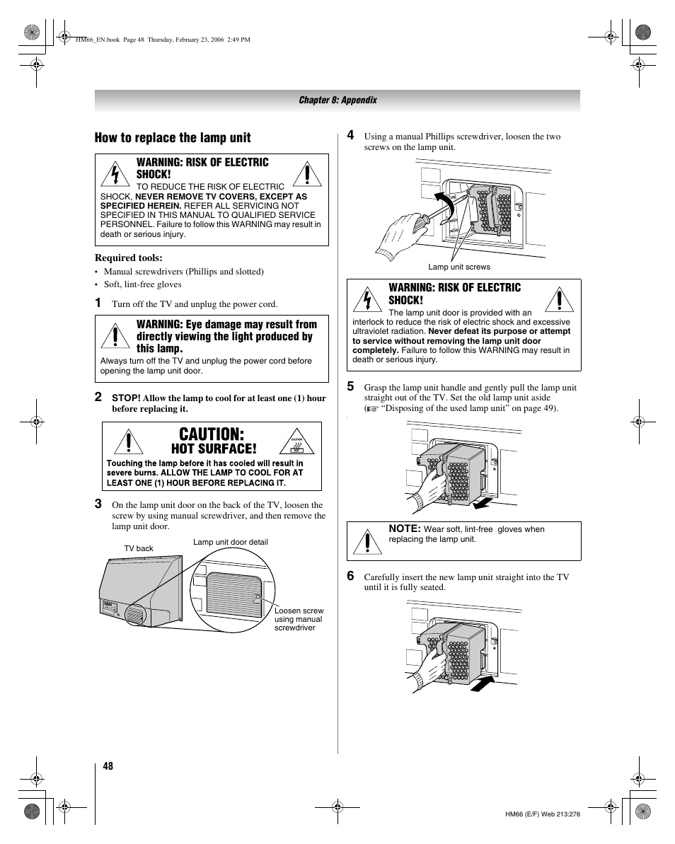 How to replace the lamp unit | Toshiba 50HM66 User Manual | Page 48 / 56