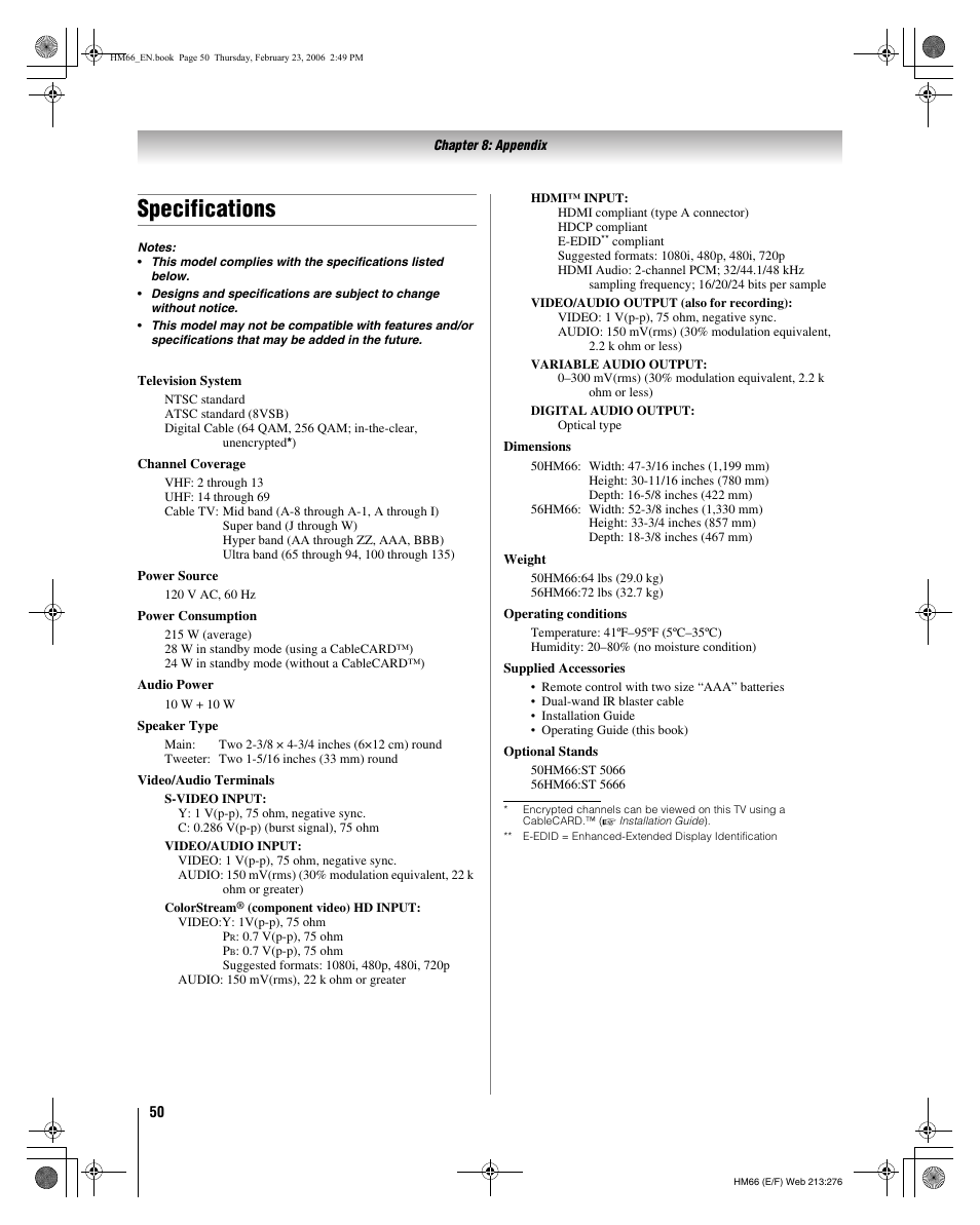 Specifications | Toshiba 50HM66 User Manual | Page 50 / 56