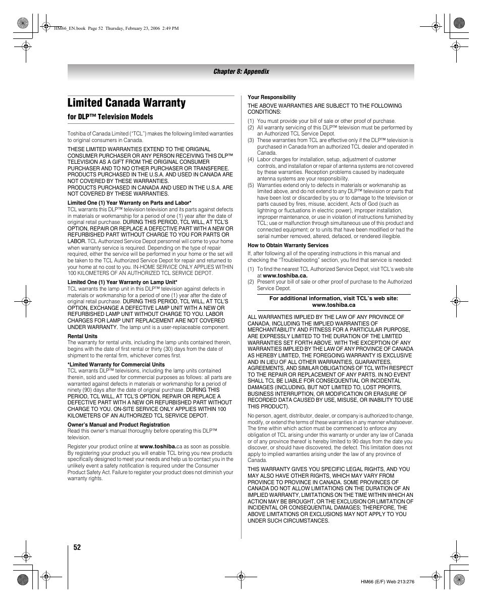 Limited canada warranty | Toshiba 50HM66 User Manual | Page 52 / 56