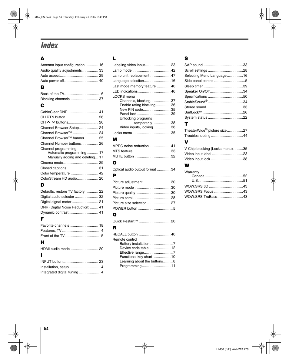 Index | Toshiba 50HM66 User Manual | Page 54 / 56