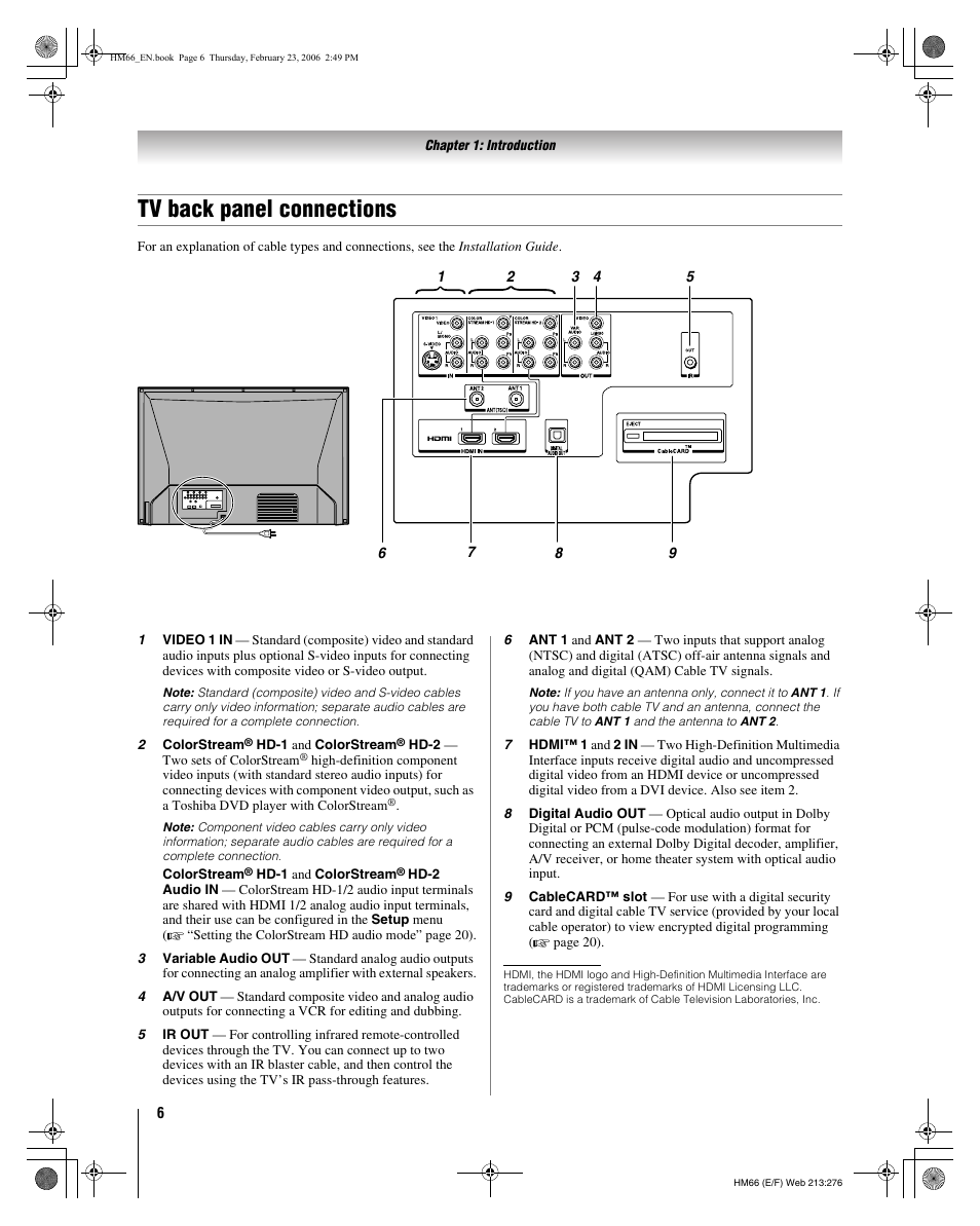 Tv back panel connections | Toshiba 50HM66 User Manual | Page 6 / 56