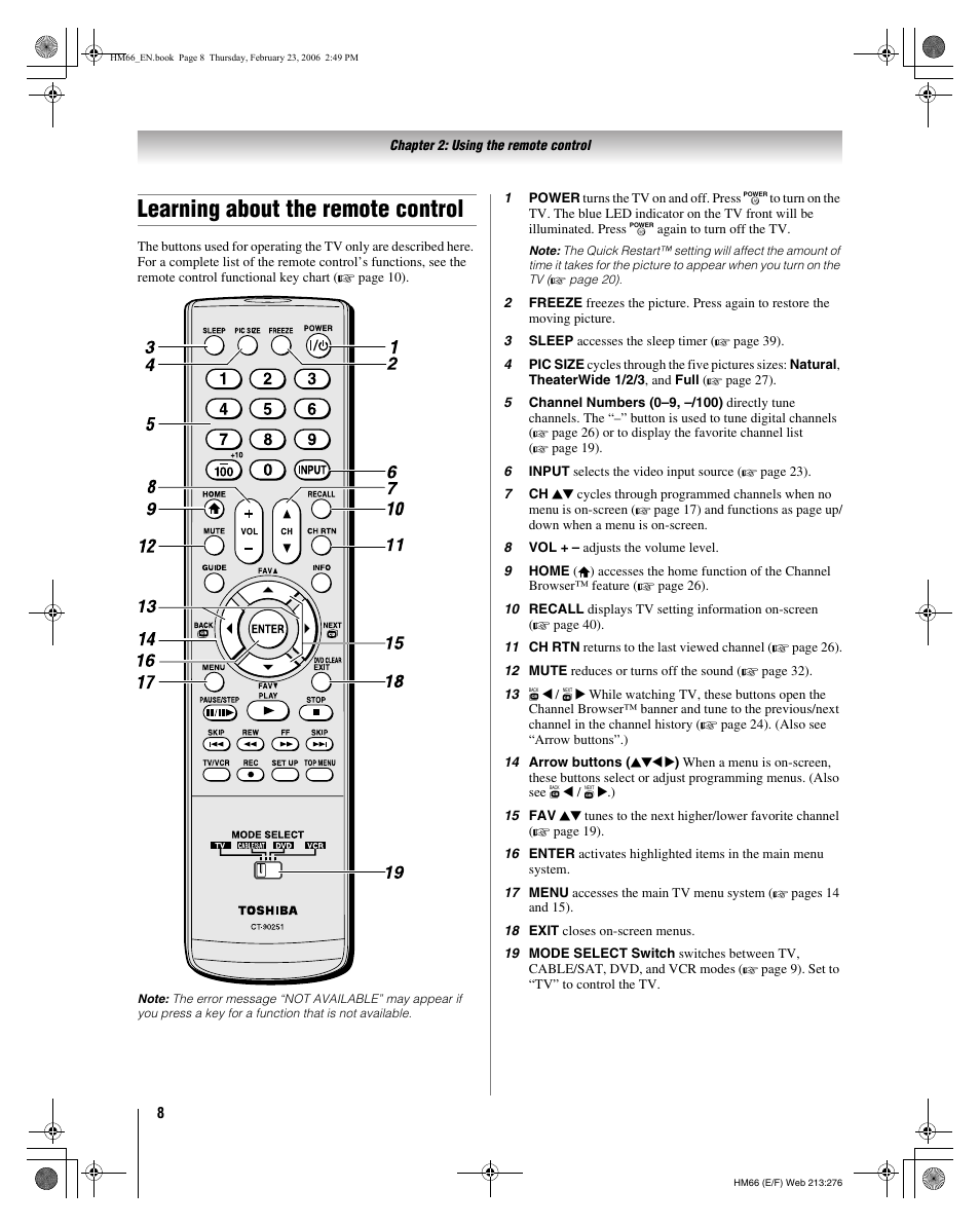 Learning about the remote control | Toshiba 50HM66 User Manual | Page 8 / 56