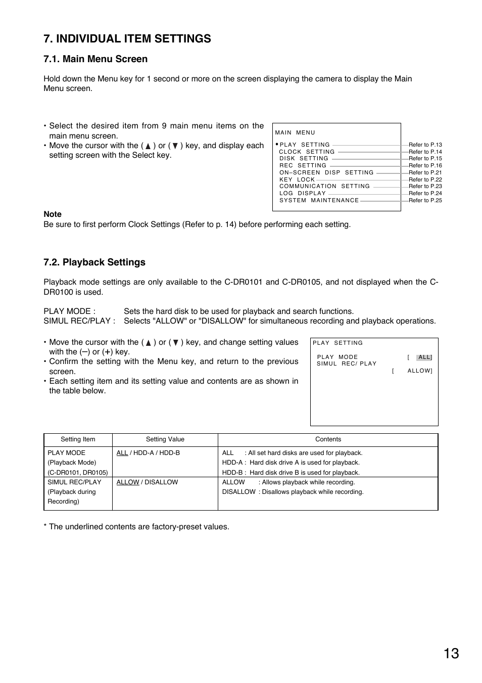 Individual item settings, Playback settings, Main menu screen | Toshiba C-DR0101 User Manual | Page 13 / 56