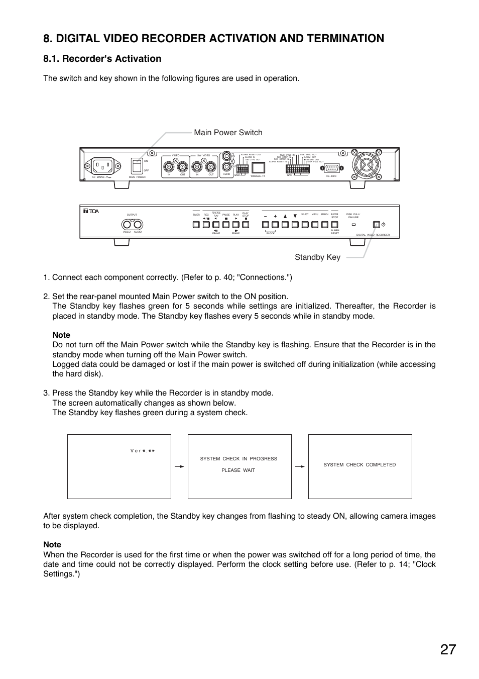 Digital video recorder activation and termination, Recorder's activation, Main power switch | Standby key | Toshiba C-DR0101 User Manual | Page 27 / 56