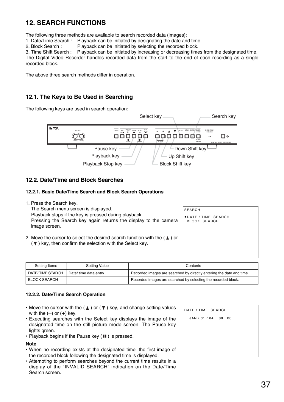 Search functions, Date/time and block searches, The keys to be used in searching | Toshiba C-DR0101 User Manual | Page 37 / 56