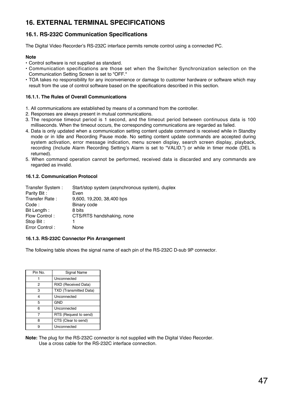 External terminal specifications, Rs-232c communication specifications | Toshiba C-DR0101 User Manual | Page 47 / 56