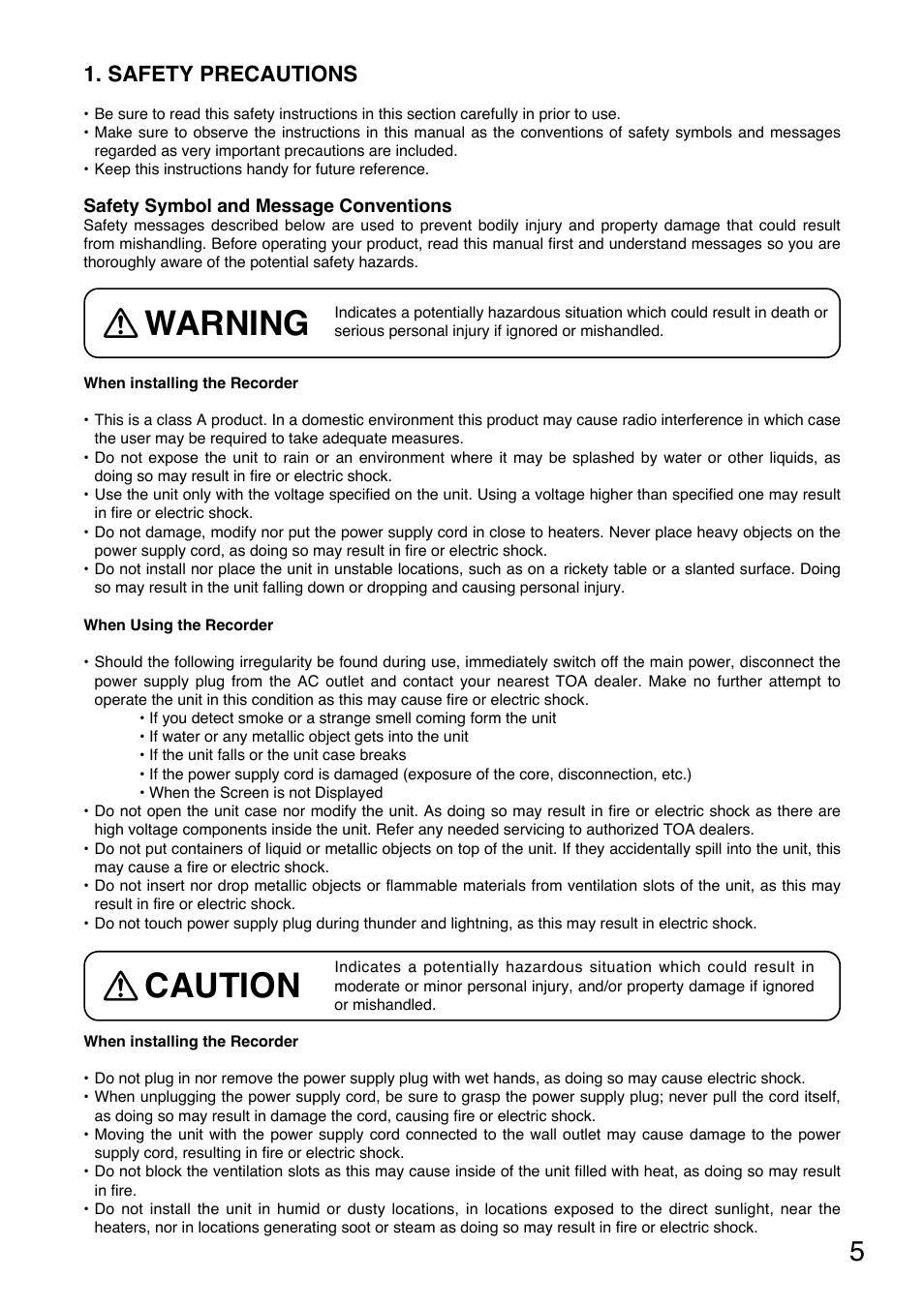 Warning, Caution, Safety precautions | Toshiba C-DR0101 User Manual | Page 5 / 56