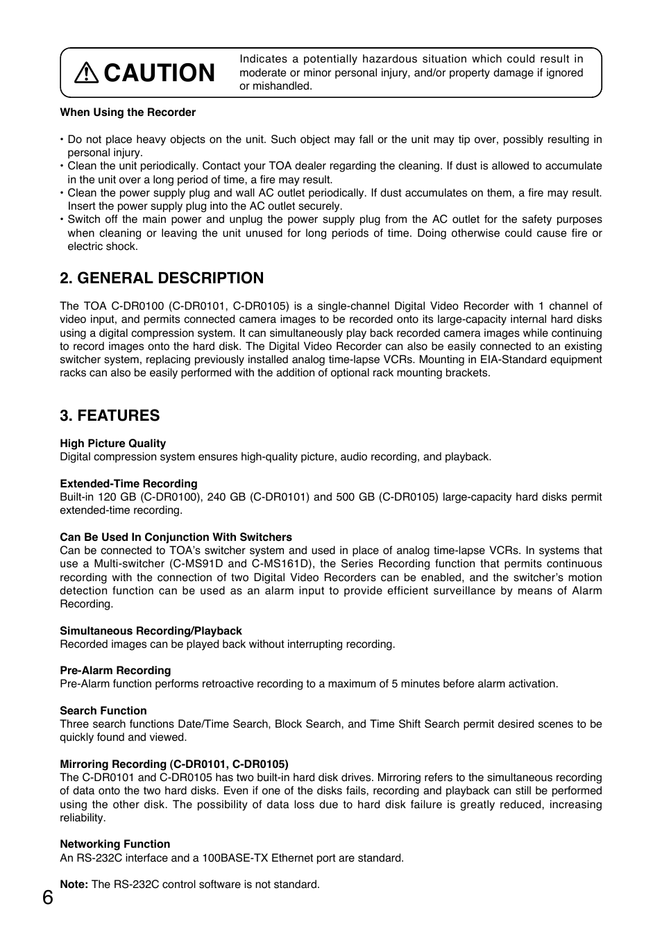 Caution, Features, General description | Toshiba C-DR0101 User Manual | Page 6 / 56