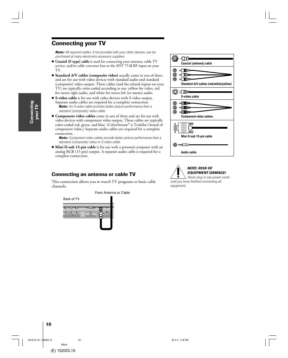 Connecting your tv, Connecting an antenna or cable tv | Toshiba 15DL15 User Manual | Page 10 / 36