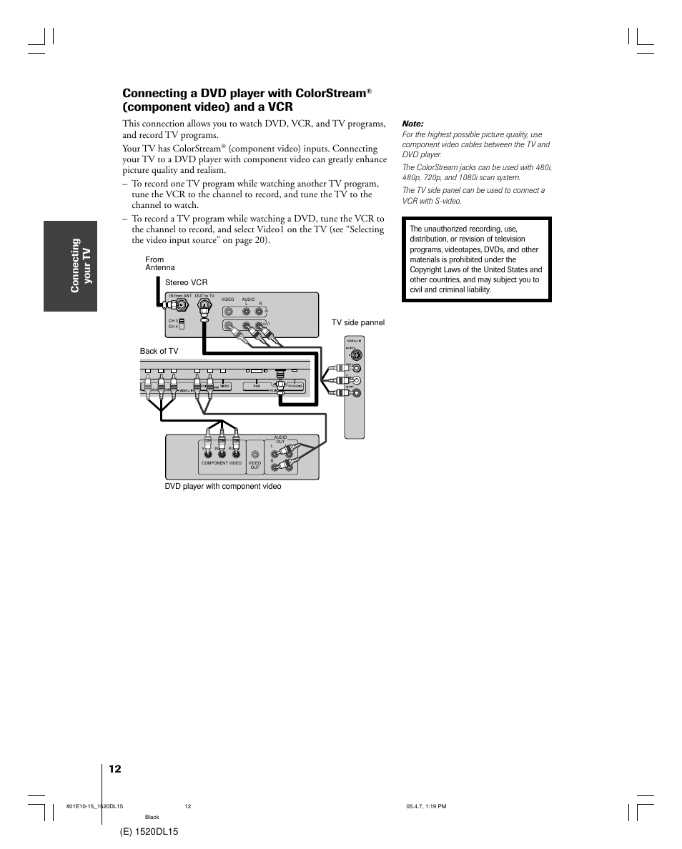 Connecting a dvd player with colorstream, Component video) and a vcr, Connecting y our t v | Toshiba 15DL15 User Manual | Page 12 / 36
