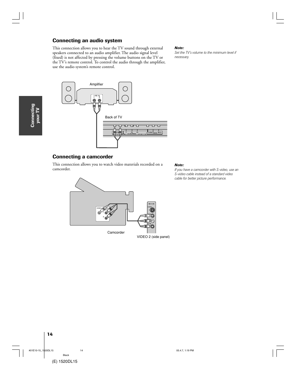 Connecting an audio system, Connecting a camcorder, Connecting y our t v | Toshiba 15DL15 User Manual | Page 14 / 36