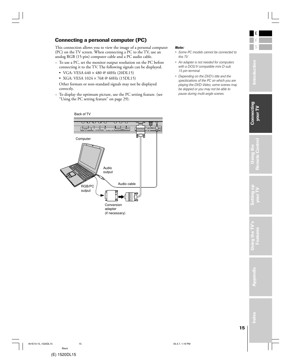 Connecting a personal computer (pc) | Toshiba 15DL15 User Manual | Page 15 / 36