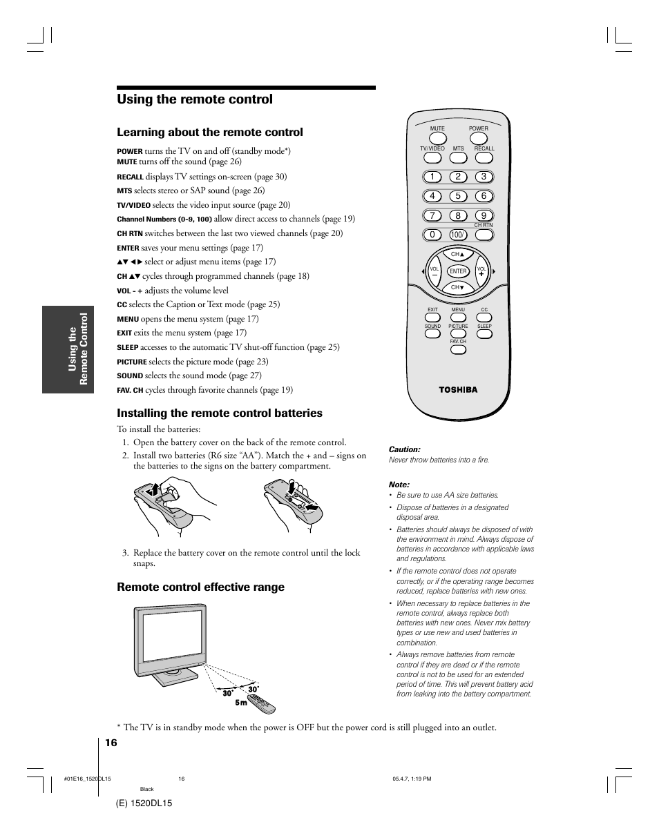 Using the remote control, Learning about the remote control, Installing the remote control batteries | Remote control effective range | Toshiba 15DL15 User Manual | Page 16 / 36