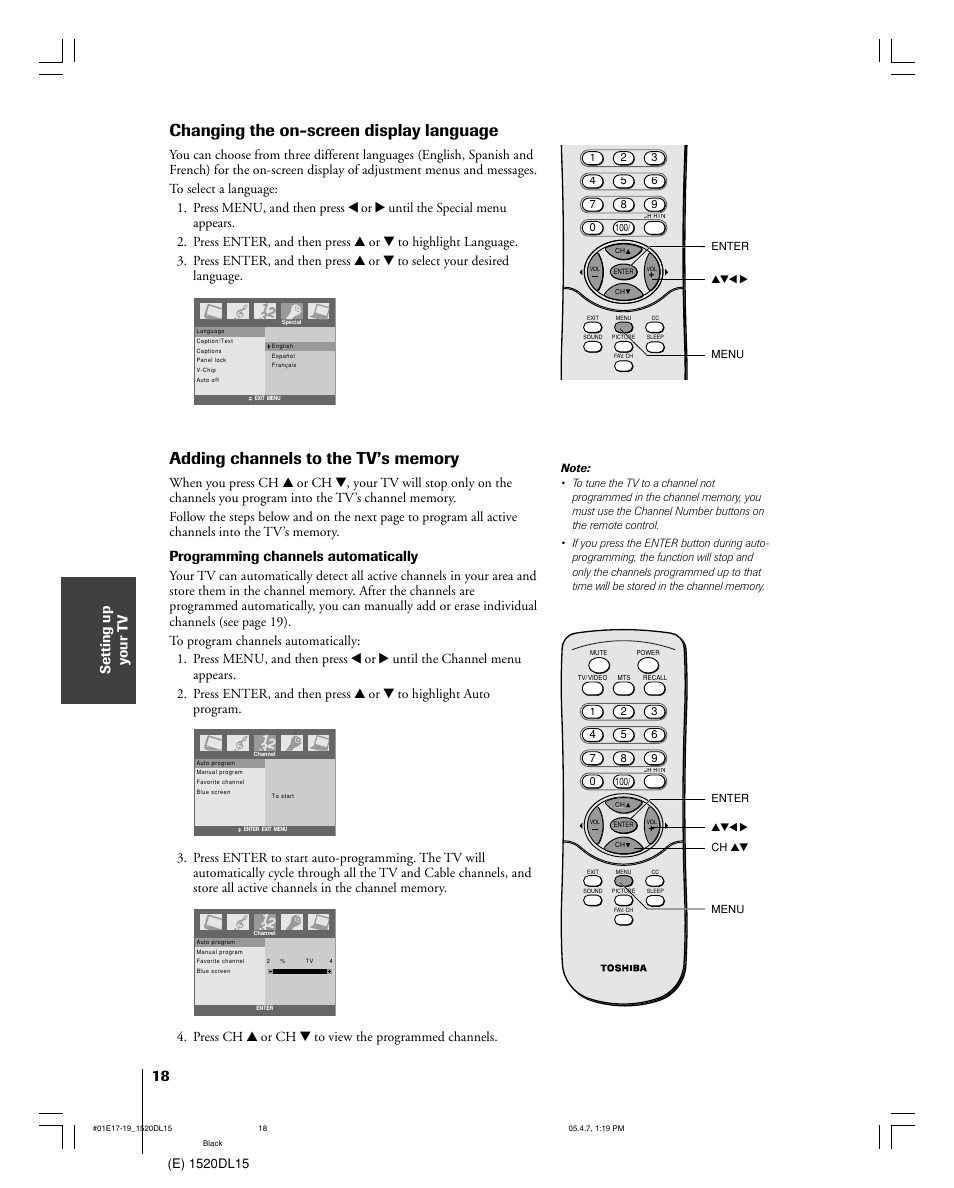 Changing the on-screen display language, Setting up y our t v, Programming channels automatically | Press ch y or ch z to view the programmed channels | Toshiba 15DL15 User Manual | Page 18 / 36