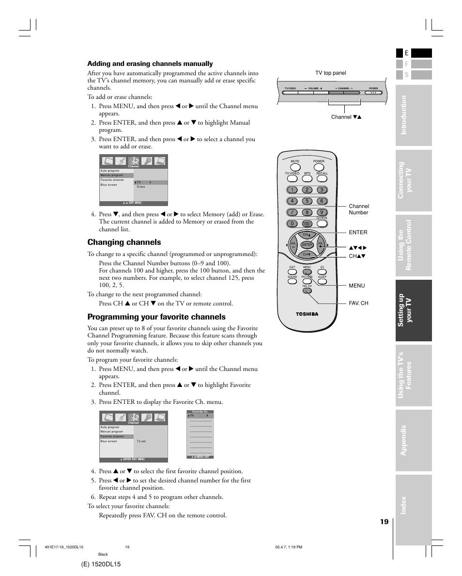 Changing channels, Programming your favorite channels, Adding and erasing channels manually | Toshiba 15DL15 User Manual | Page 19 / 36