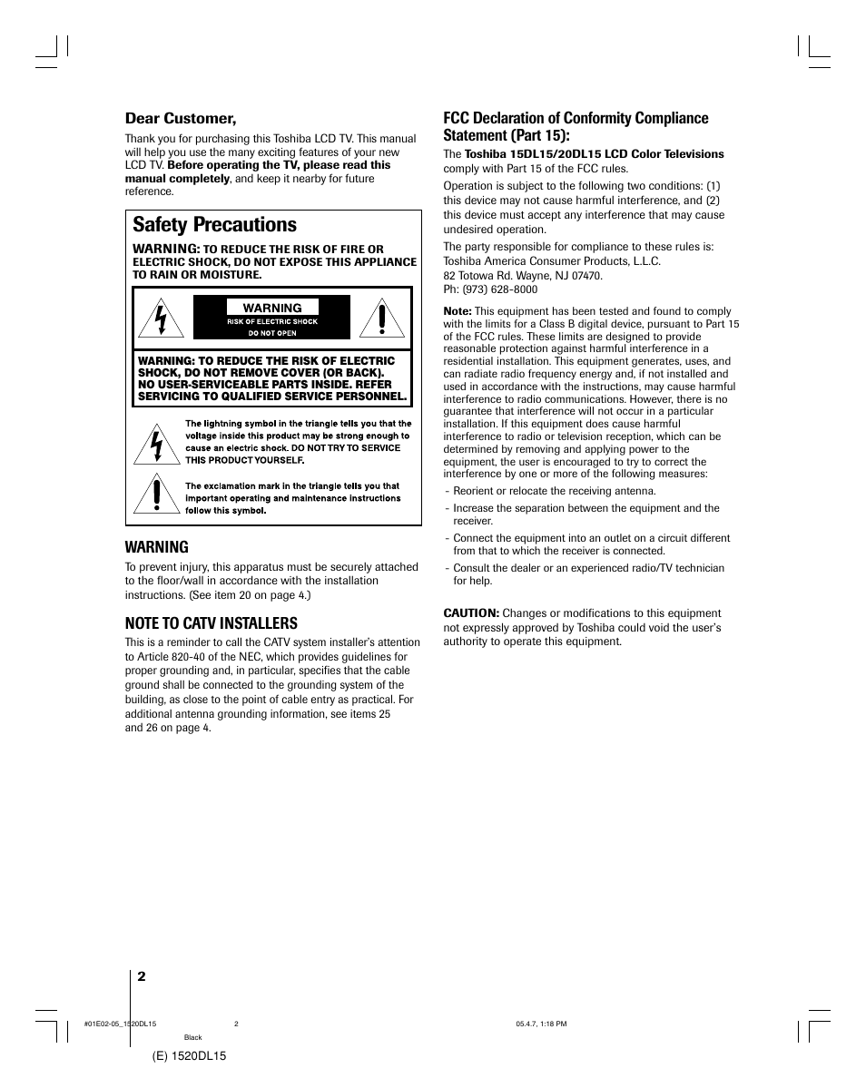 Safety precautions, Warning, Dear customer | Toshiba 15DL15 User Manual | Page 2 / 36