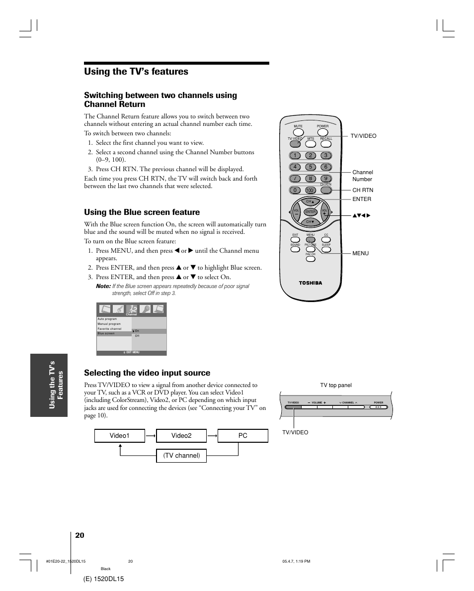 Using the tv’s features, Using the blue screen feature, Selecting the video input source | Using the t v’s f eatur es | Toshiba 15DL15 User Manual | Page 20 / 36