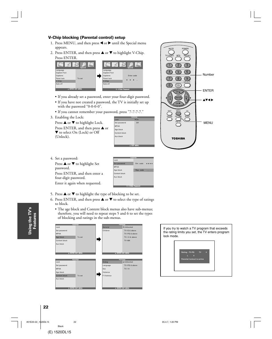 Using the t v’s f eatur es, V-chip blocking (parental control) setup, Press enter | Toshiba 15DL15 User Manual | Page 22 / 36