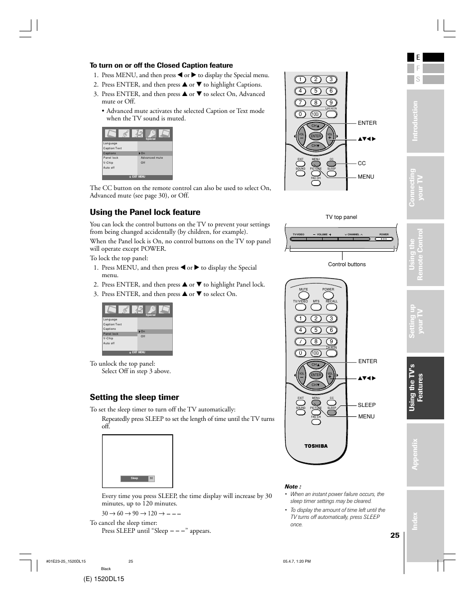 Using the panel lock feature, Setting the sleep timer | Toshiba 15DL15 User Manual | Page 25 / 36