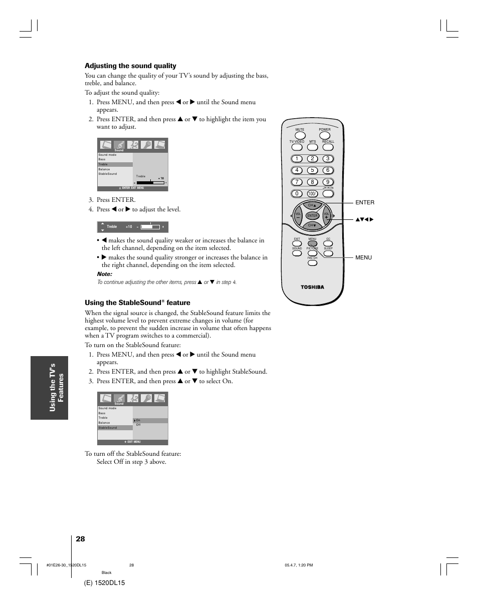 Using the t v’s f eatur es, Adjusting the sound quality, Using the stablesound | Feature, Press enter. 4. press x or • to adjust the level | Toshiba 15DL15 User Manual | Page 28 / 36