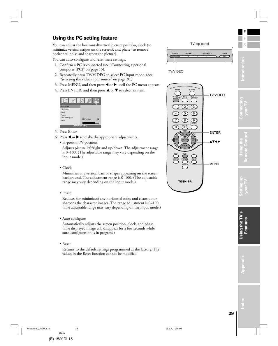 Using the pc setting feature | Toshiba 15DL15 User Manual | Page 29 / 36