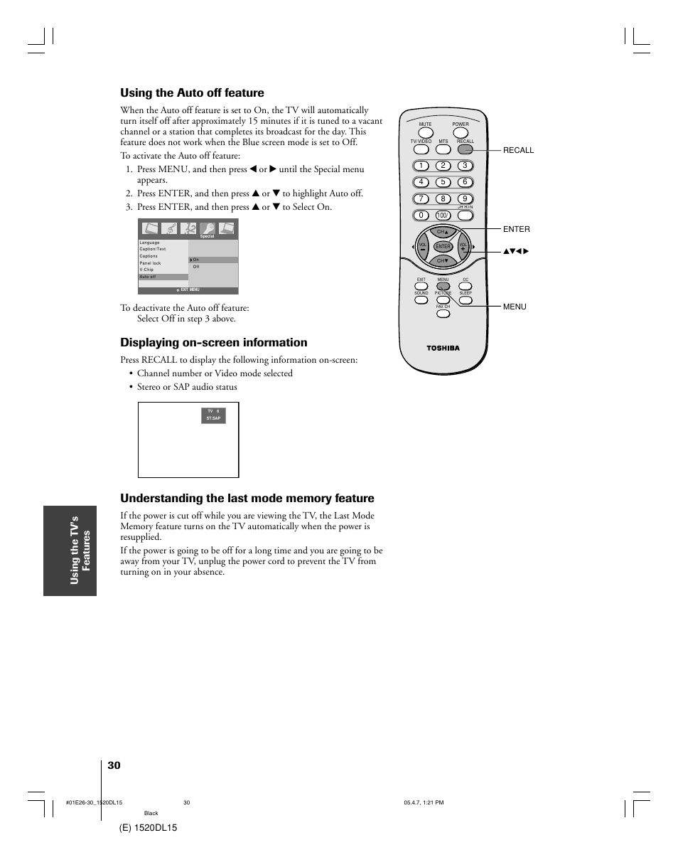 Using the auto off feature, Displaying on-screen information, Using the t v’s f eatur es | Toshiba 15DL15 User Manual | Page 30 / 36