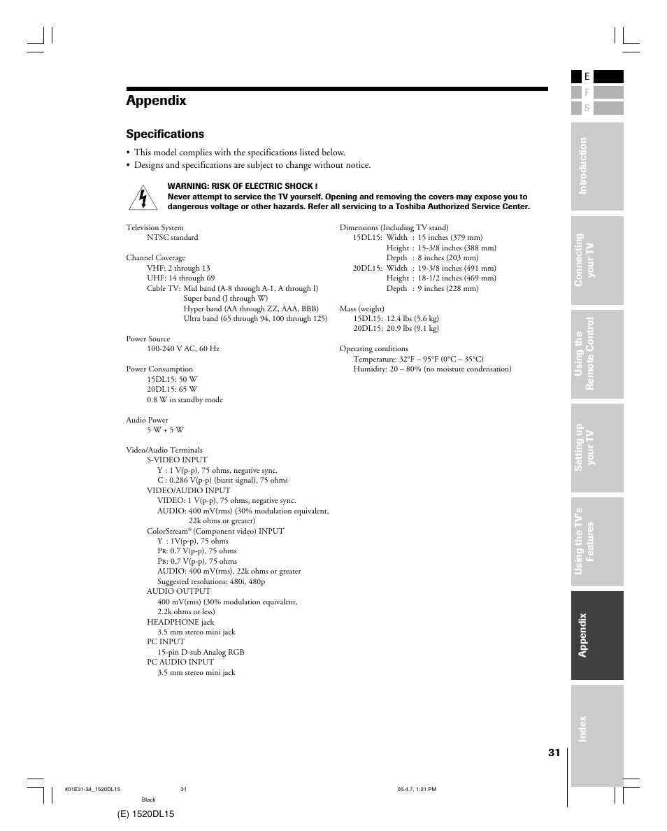 Appendix, Specifications | Toshiba 15DL15 User Manual | Page 31 / 36