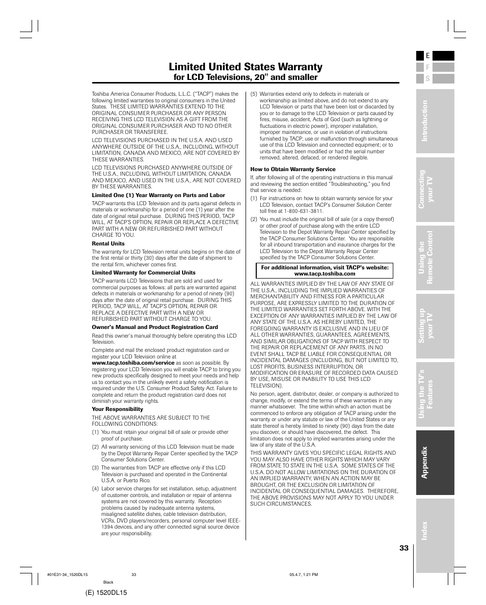 Limited united states warranty, For lcd televisions, 20" and smaller | Toshiba 15DL15 User Manual | Page 33 / 36