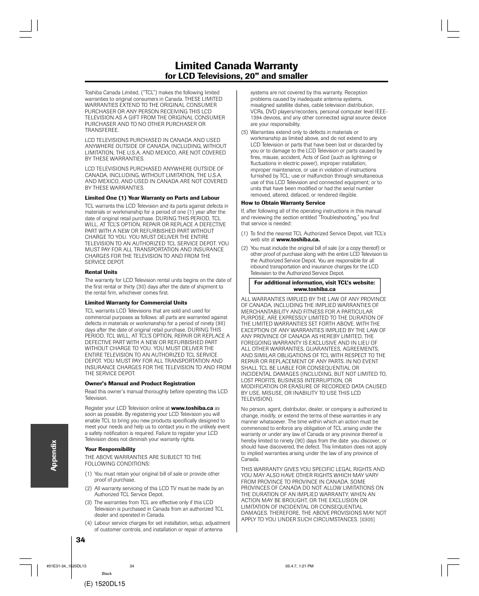 Limited canada warranty, For lcd televisions, 20” and smaller | Toshiba 15DL15 User Manual | Page 34 / 36