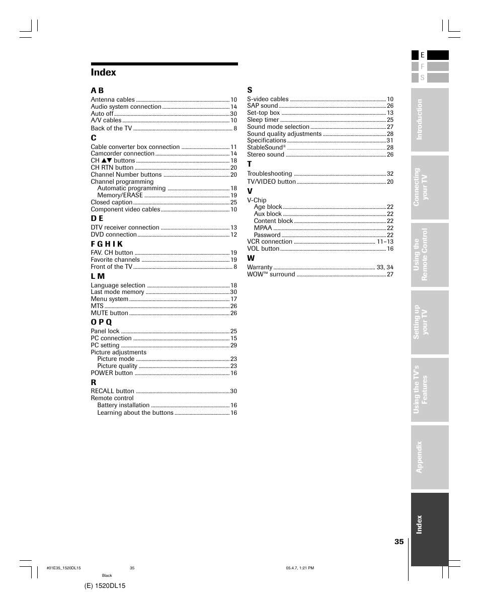 Index | Toshiba 15DL15 User Manual | Page 35 / 36