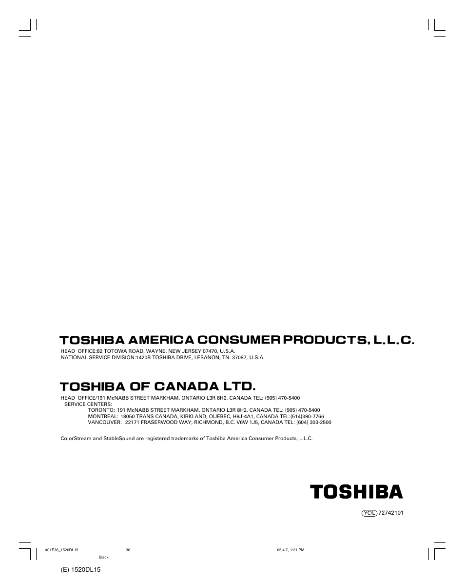 Toshiba 15DL15 User Manual | Page 36 / 36