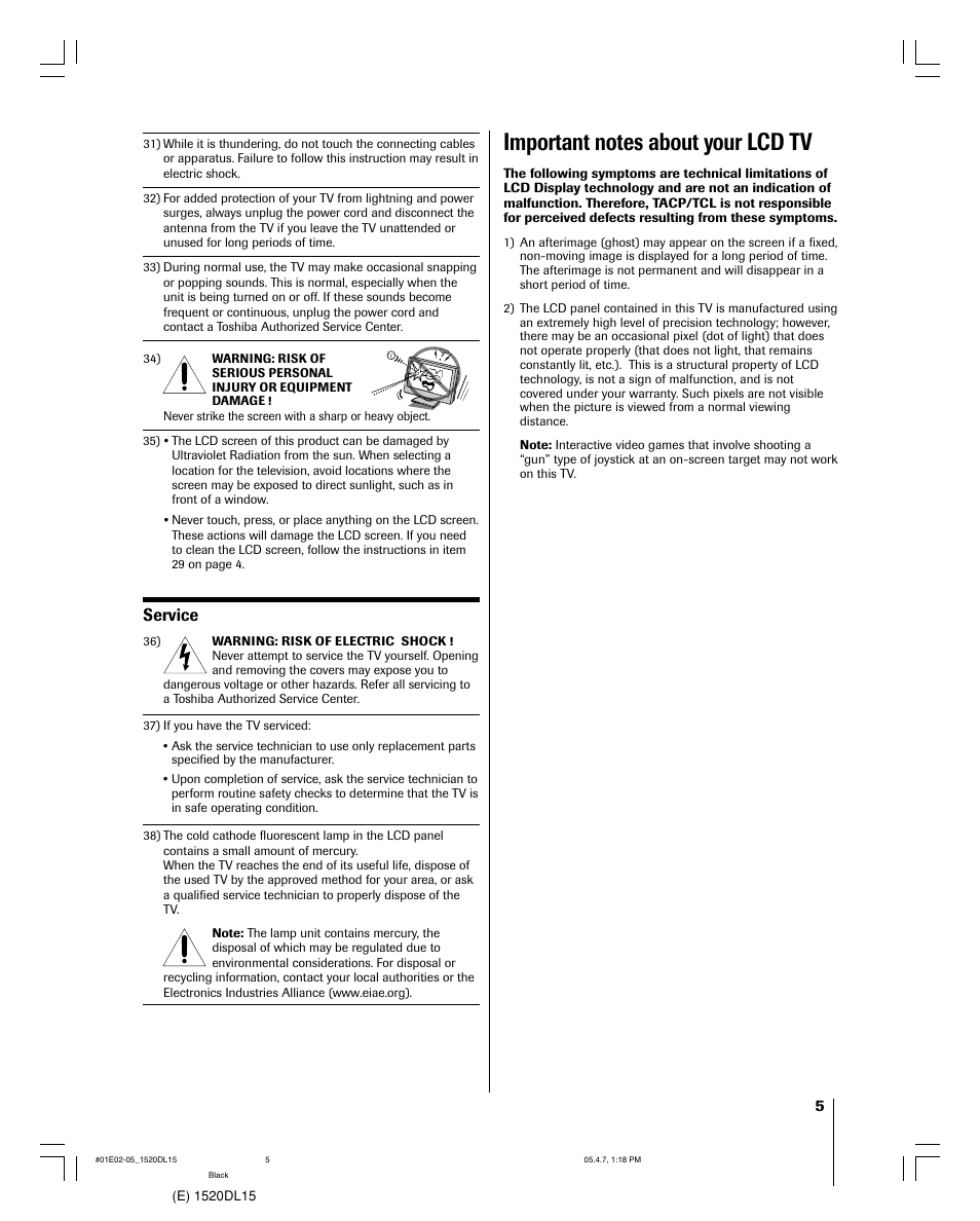 Service | Toshiba 15DL15 User Manual | Page 5 / 36