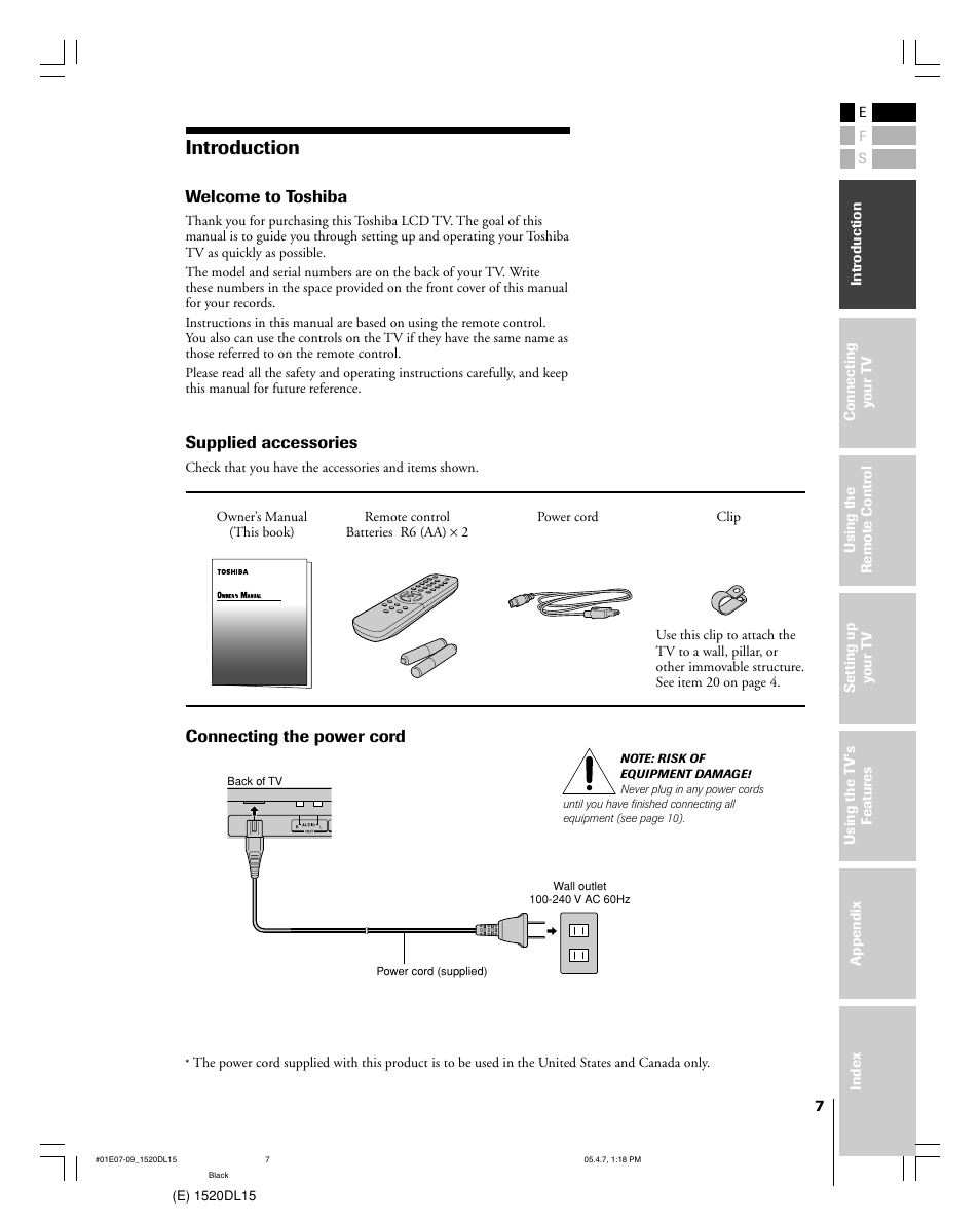 Introduction, Welcome to toshiba, Supplied accessories | Connecting the power cord | Toshiba 15DL15 User Manual | Page 7 / 36