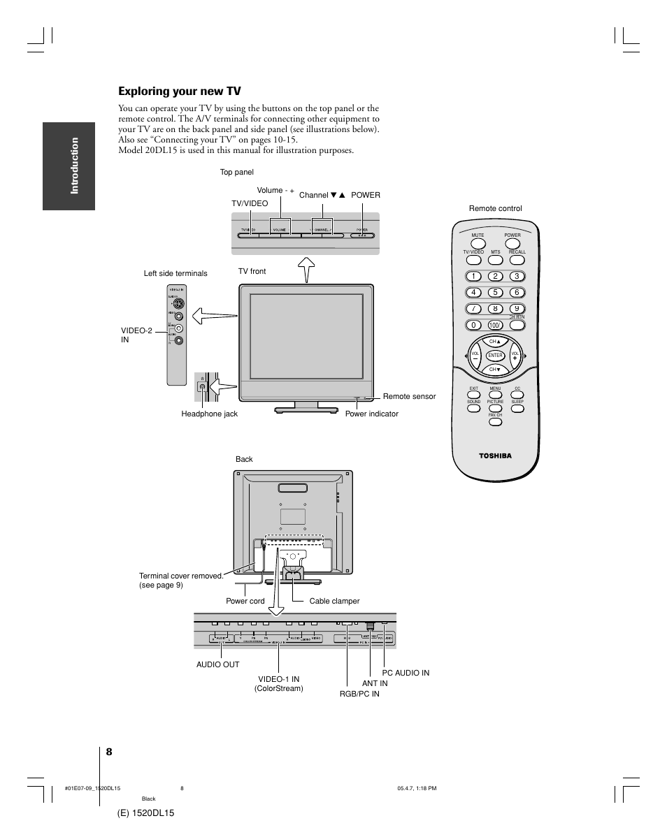 Exploring your new tv, Intr oduction | Toshiba 15DL15 User Manual | Page 8 / 36