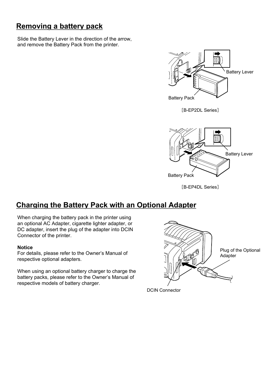 Removing a battery pack, Charging the battery pack with an optional adapter | Toshiba B-EP4DL User Manual | Page 11 / 28