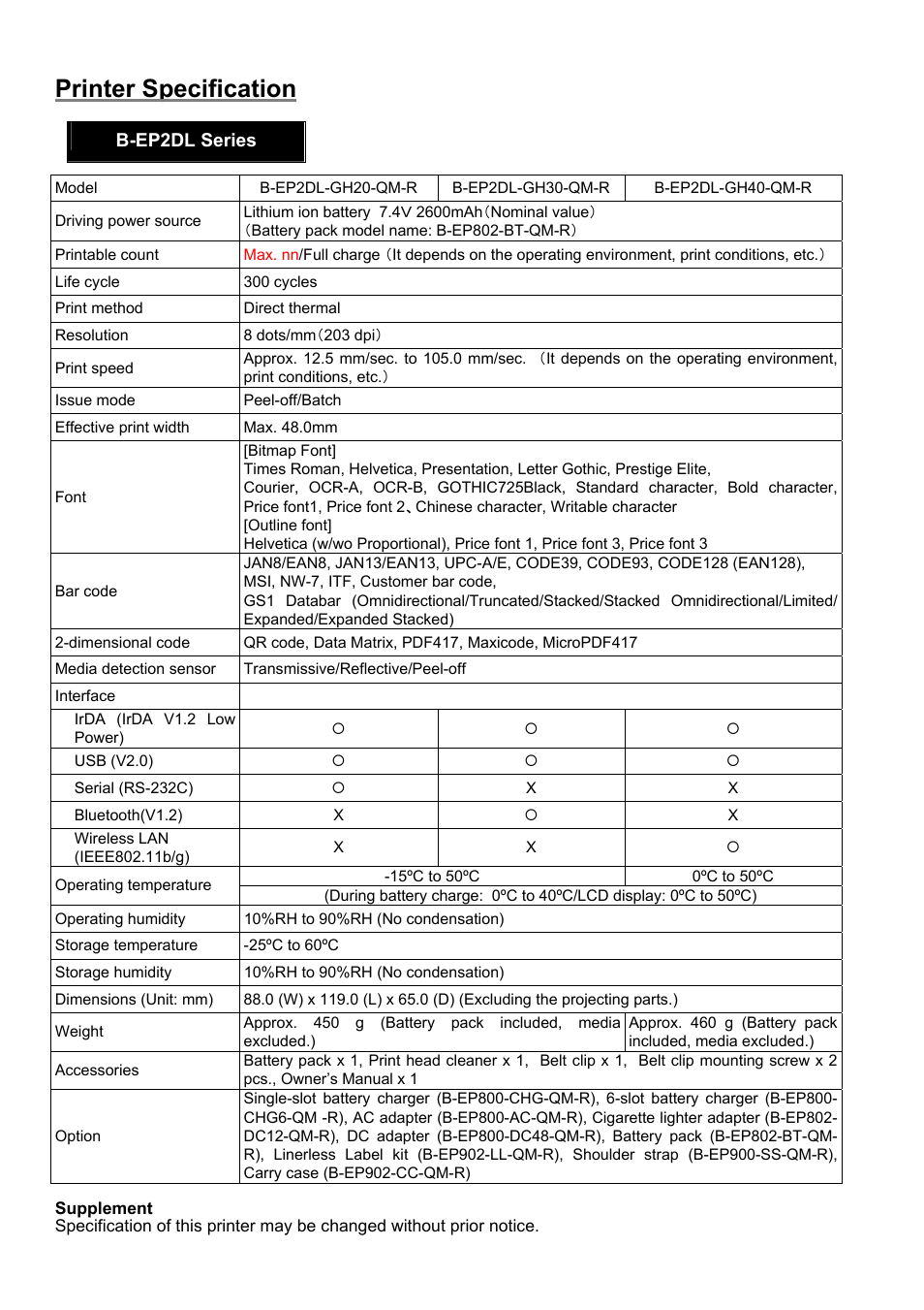 Printer specification | Toshiba B-EP4DL User Manual | Page 24 / 28