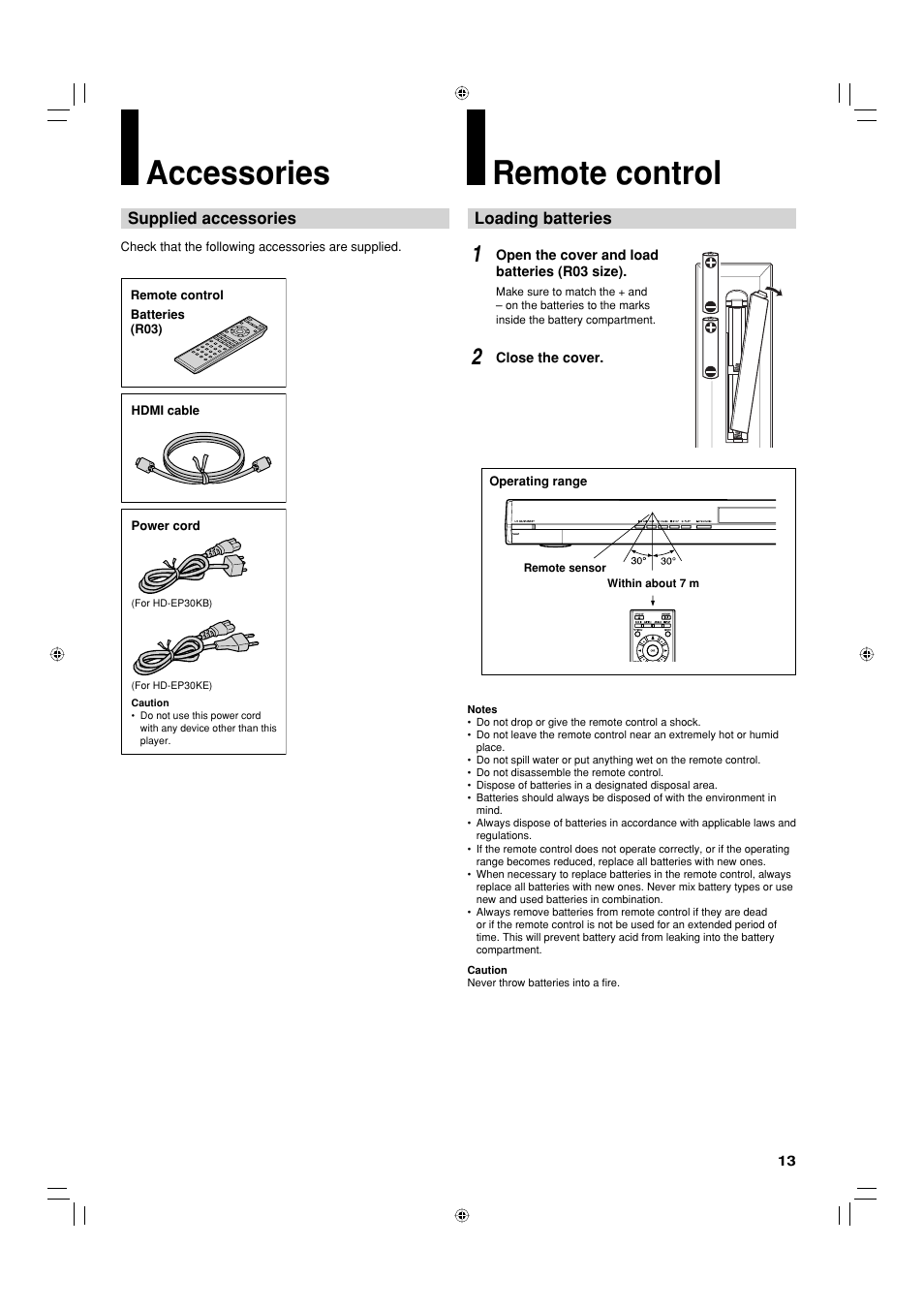 Accessories, Remote control | Toshiba HD-EP30KE User Manual | Page 13 / 40
