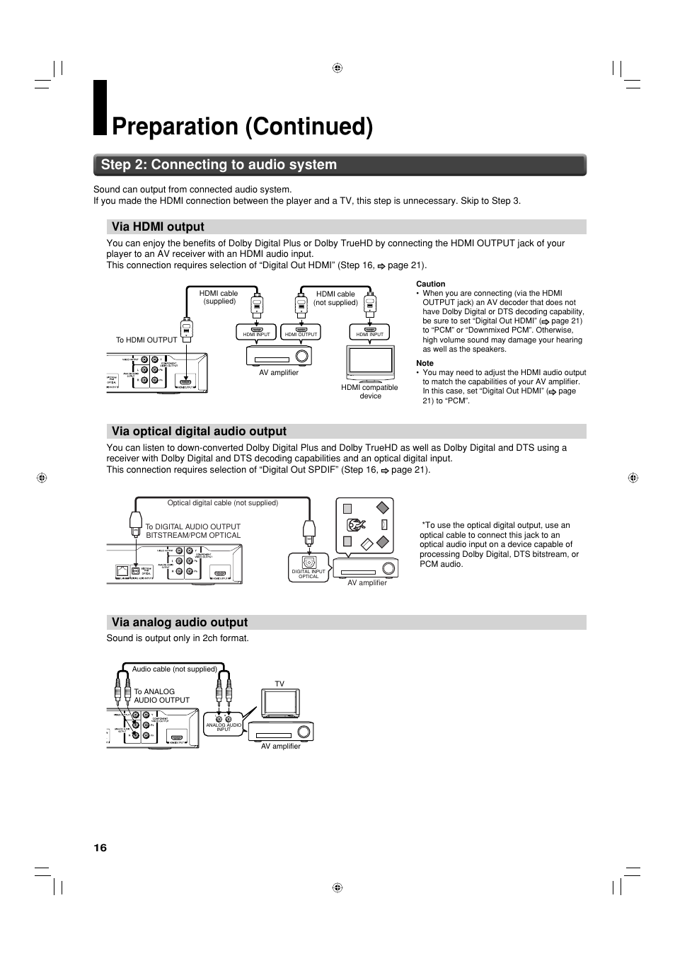 Preparation (continued), Step 2: connecting to audio system, Via hdmi output | Via optical digital audio output, Via analog audio output | Toshiba HD-EP30KE User Manual | Page 16 / 40