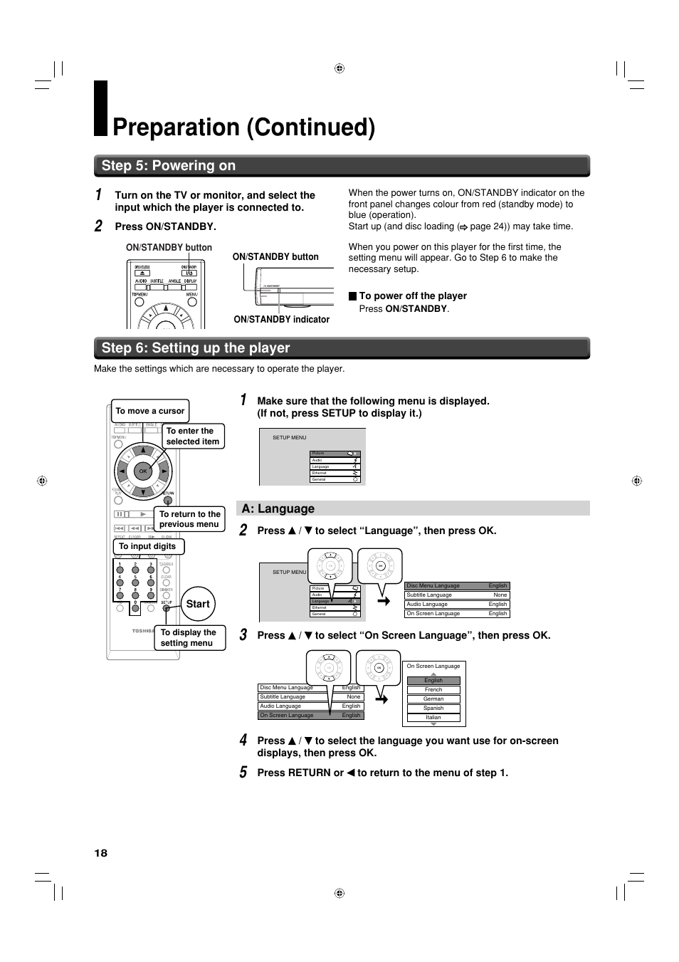 Preparation (continued), Step 5: powering on step 6: setting up the player, A: language | Toshiba HD-EP30KE User Manual | Page 18 / 40