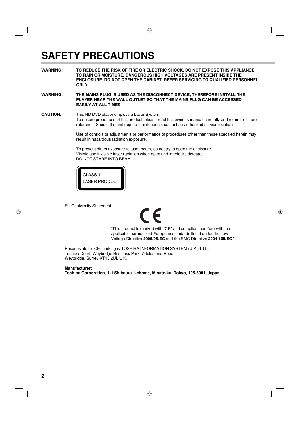 Safety precautions | Toshiba HD-EP30KE User Manual | Page 2 / 40