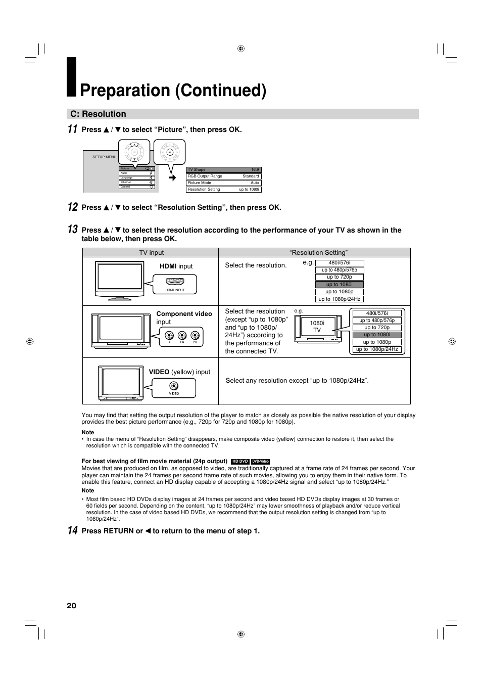 Preparation (continued), C: resolution | Toshiba HD-EP30KE User Manual | Page 20 / 40