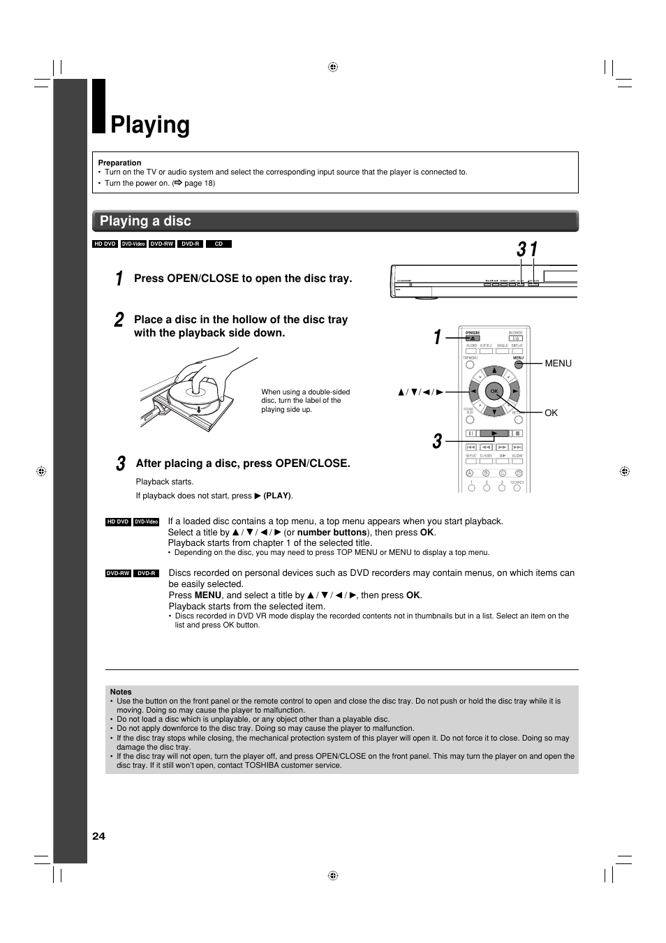 Playing, Playing a disc | Toshiba HD-EP30KE User Manual | Page 24 / 40